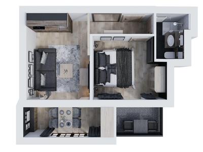 Grundriss mit Wohnzimmer, Schlafzimmer, Küche, Essbereich und Bad in moderner, heller Gestaltung.