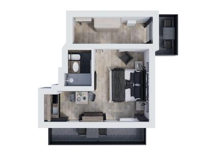 Kleine Wohnung mit Schlafzimmer, Bad, Küche und Balkon, helles Holz und graue Möbel.