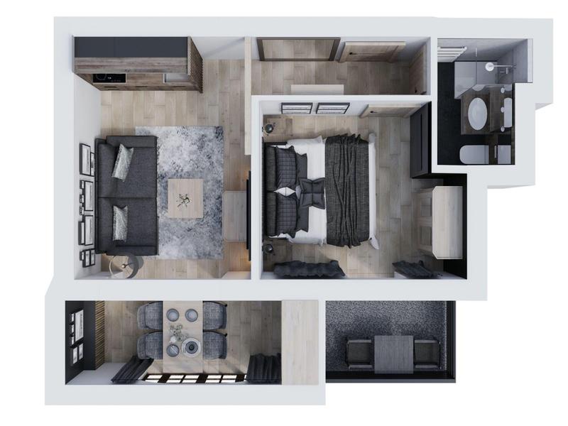 Grundriss mit Wohnzimmer, Schlafzimmer, Küche, Essbereich und Bad in moderner, heller Gestaltung.