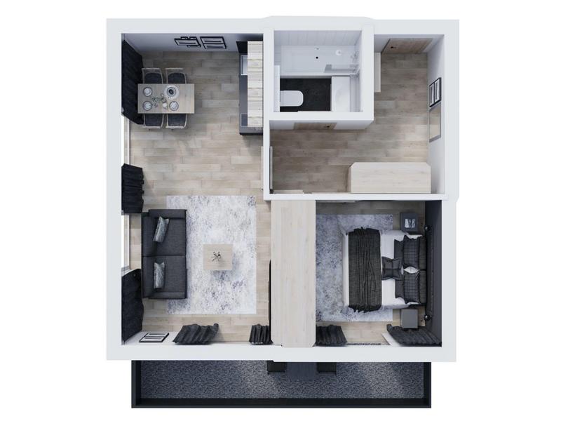 Grundriss einer kleinen Wohnung mit Wohnzimmer, Schlafzimmer, Küche und Bad, klare Raumaufteilung.