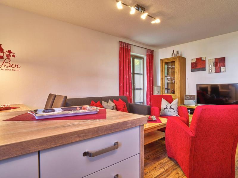 Gemütliches Wohnzimmer mit rotem Sofa, Sessel, Holzboden und TV.