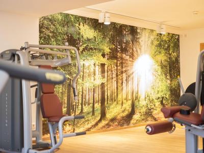 Fitnessruimte met moderne apparatuur en een muurschildering van een zonovergoten bos