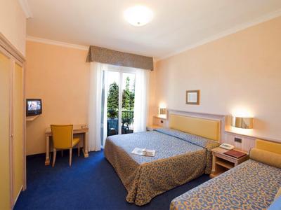 Hotelzimmer mit zwei Betten, Schreibtisch, TV und Balkon mit Blick auf Bäume.