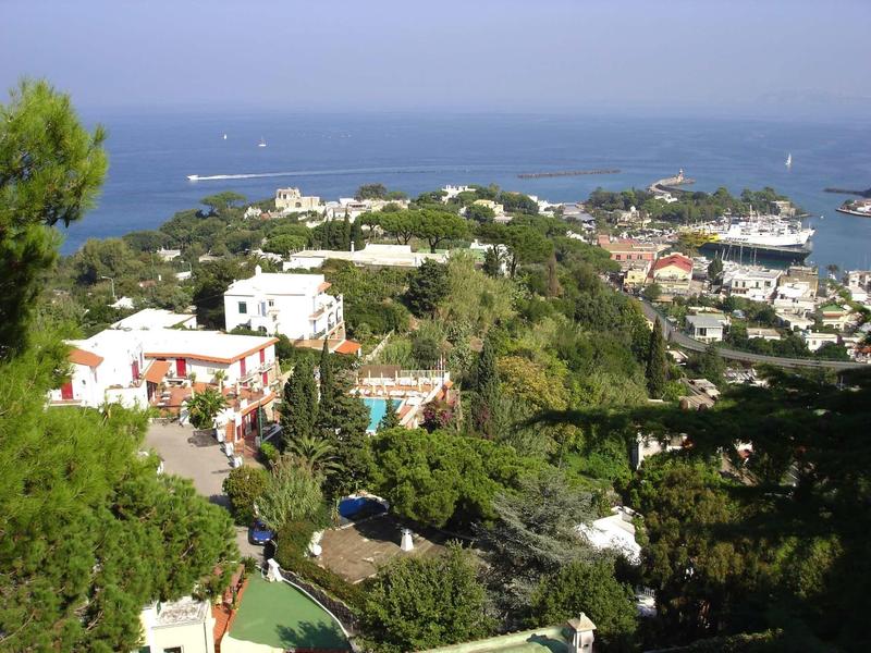 Paesaggio con hotel e vista sul mare, circondato da vegetazione rigogliosa e strade piccole.