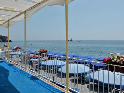 Balkon met witte tafels en blauwe stoelen met uitzicht op zee bij heldere lucht.