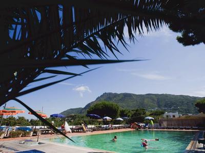 Schwimmbad mit Menschen, umgeben von Palmen, Sonnenschirmen und Bergen im Hintergrund.