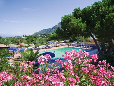 Piscine d'hôtel avec des fleurs roses en fleur et un paysage vert en arrière-plan.