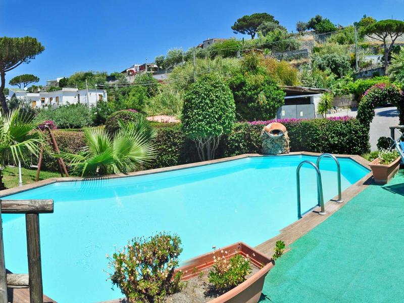 Area piscina con acqua limpida, piante verdi e giardino curato sotto un cielo azzurro.