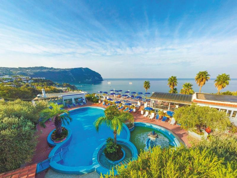 Groot buitenzwembad met palmbomen en uitzicht op zee bij een vakantieoord.