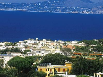 Blick auf Küstenstadt mit weißen Häusern, grünem Wald im Vordergrund und blauem Meer unter klarem Himmel.