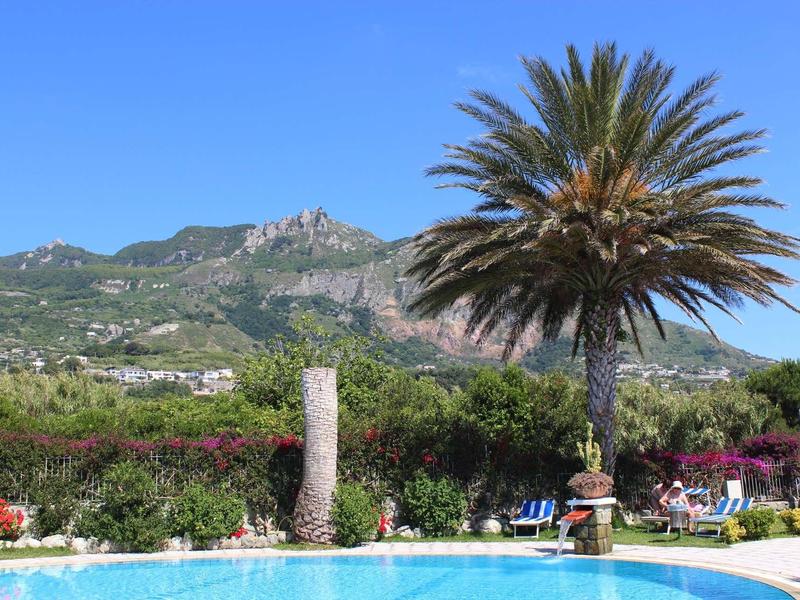 Zwembad met palmbomen en bergen op de achtergrond op een zonnige dag