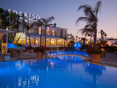 Hotel mit beleuchtetem Pool und Palmen bei Sonnenuntergang im Urlaubsort.