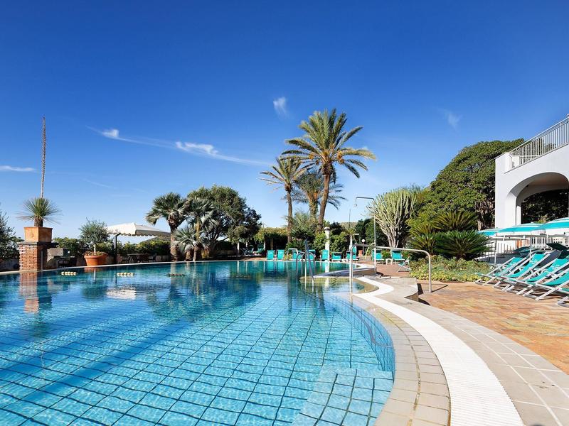 Duży basen na zewnątrz z kwitnącymi palmami i leżakami pod niebieskim niebem.