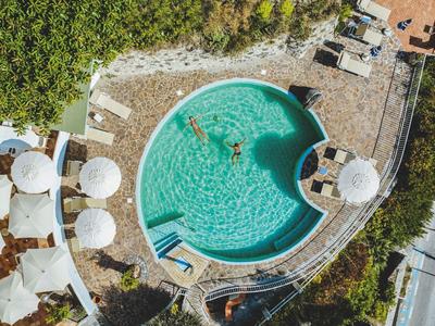 Piscina rotonda con persone, circondata da ombrelloni e lettini in un giardino d'hotel.