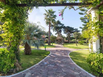 Sentiero in pietra attraverso un giardino verde con palme e piante in fiore in una giornata di sole