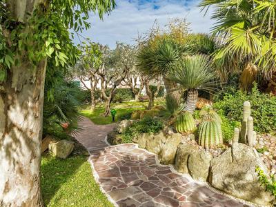 Un sentiero di pietra tortuoso attraversa un giardino rigoglioso con cactus e palme.