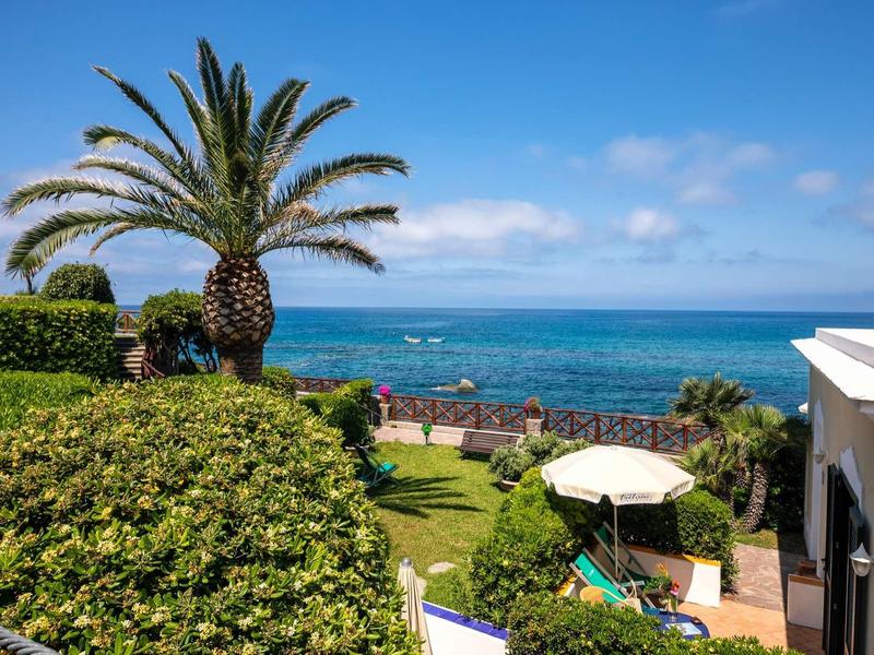 Vista su giardino tropicale con palme e mare in lontananza sotto un cielo limpido.