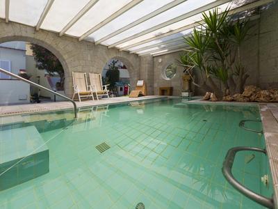 Hell beleuchtetes Hallenbad mit Pflanzen, Steinmauer und großen runden Fenstern unter Glasdach.