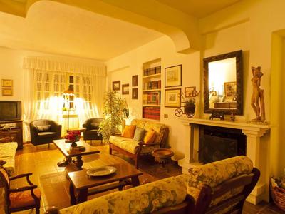 Gemütliches Wohnzimmer mit gelber Beleuchtung, Sofa, Sesseln, Kamin, Bildern und Pflanzen.