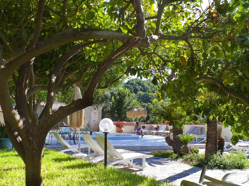 Ein schattiger Garten mit Pool, umgeben von grünen Bäumen und blauen Liegestühlen.