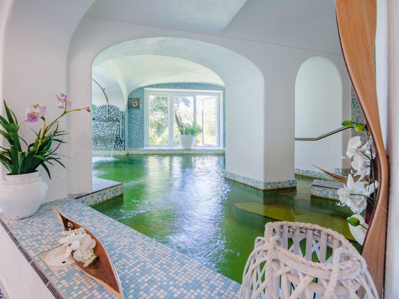 Vnitřní bazén s zakřivenými stěnami, mozaikovými kachlíky a velkými okny s výhledem ven.
