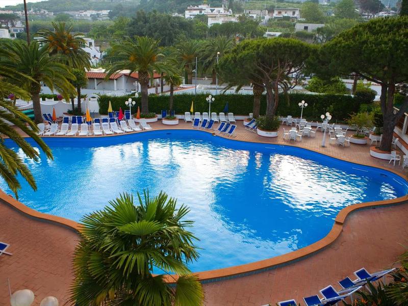 Zakřivený venkovní bazén obklopený lehátky a palmami s výhledem na zeleň a budovy.