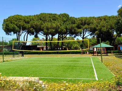 Ein gut gepflegtes Tennisfeld mit grünem Netz und Bäumen im Hintergrund unter klarem blauem Himmel.