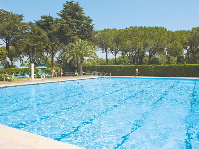 Grande piscina all'aperto con acqua limpida circondata da alberi e cielo azzurro.