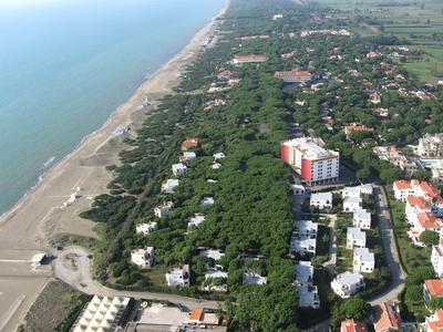 Vue aérienne de la côte avec plage, zone boisée et hôtels le long du rivage.