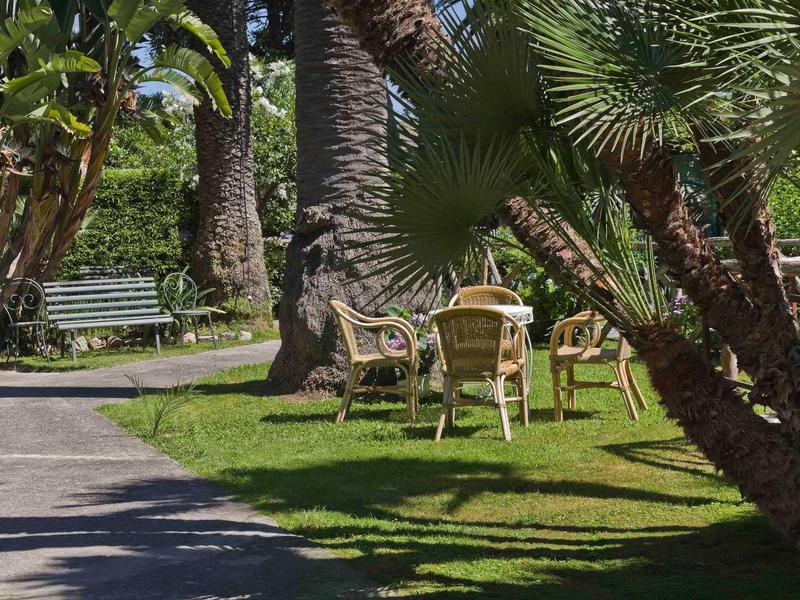Park mit Palmen, grüner Wiese, Sitzbank und Holzstühlen um einen runden Tisch.