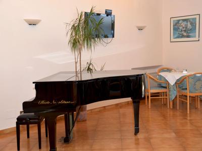 Schwarzer Flügelklavier im Raum mit Holzboden, Tisch und Stühlen im Hintergrund.