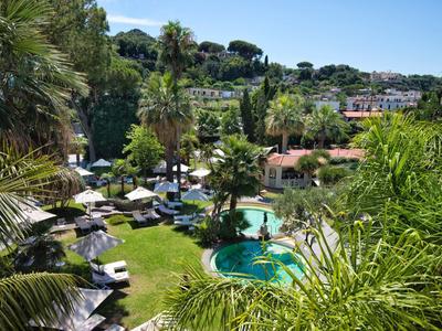 Vue d'un jardin d'hôtel tropical avec piscine, chaises longues et palmiers sous un ciel bleu.