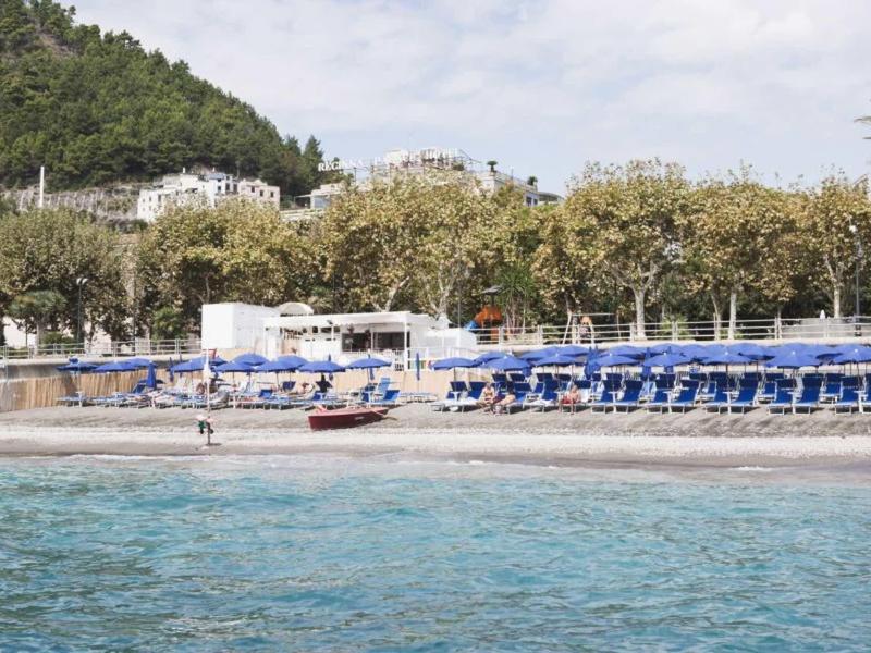 Strand met ligstoelen voor een beboste heuvel en gebouwen op de achtergrond.