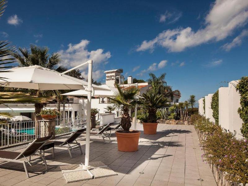 Taras z leżakami, parasolami i dużymi roślinami doniczkowymi pod niebieskim niebem.