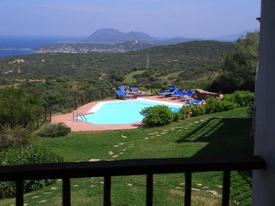 Schwimmbad mit Liegestühlen auf einer grünen Wiese mit Blick auf Hügel und Meer im Hintergrund.