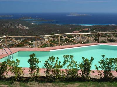 Blick auf türkisfarbenen Pool mit Begrenzungspflanzen, Holzgeländer und weiter Meereslandschaft.