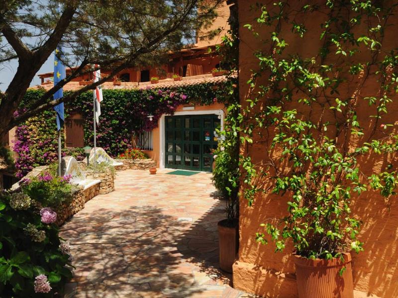 Sonniger Gartenweg mit blühenden Pflanzen, hölzernen Türen und gelb-orangefarbener Hauswand.