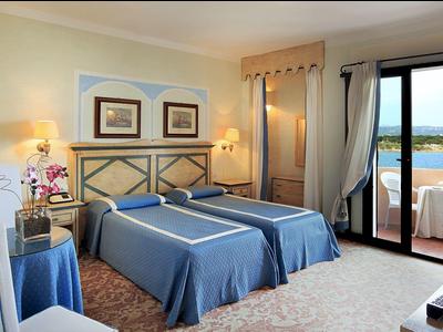 Hotelzimmer mit zwei Einzelbetten, Balkon mit Blick auf den Pool und das Meer