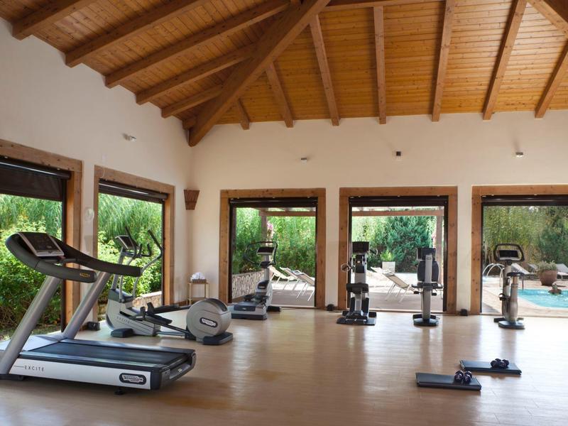 Helles Fitnessstudio mit Holzdecke, Laufband, Trainingsgeräten und großen Fenstern mit Ausblick auf Garten.