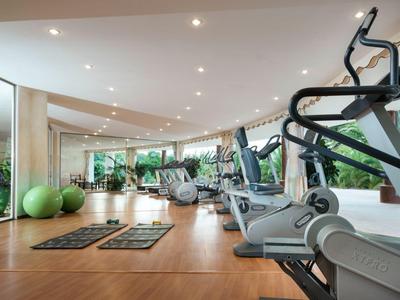 Moderner Fitnessraum mit Laufbändern, Trainingsmatten und großen Fenstern mit Blick ins Grüne.