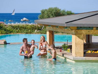People enjoying drinks in a pool at a beach bar with a sea view.