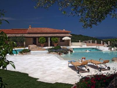 Velký bazén s lehátky a slunečníky vedle budovy pod modrou oblohou.