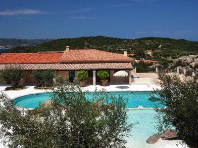 Dům s červenou střechou, bazénem a olivovníky v kopcovité krajině pod modrou oblohou.