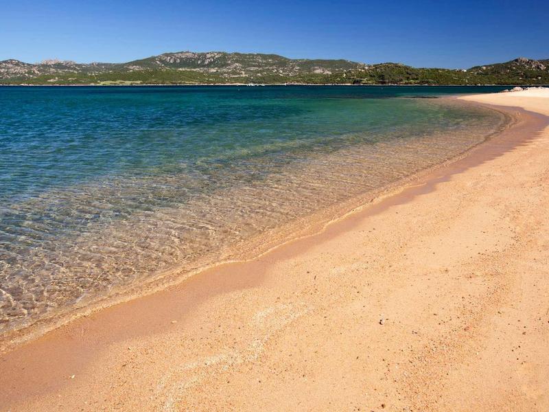 Ein weiter, goldener Sandstrand mit klarem, blauem Wasser unter klarem, blauem Himmel.