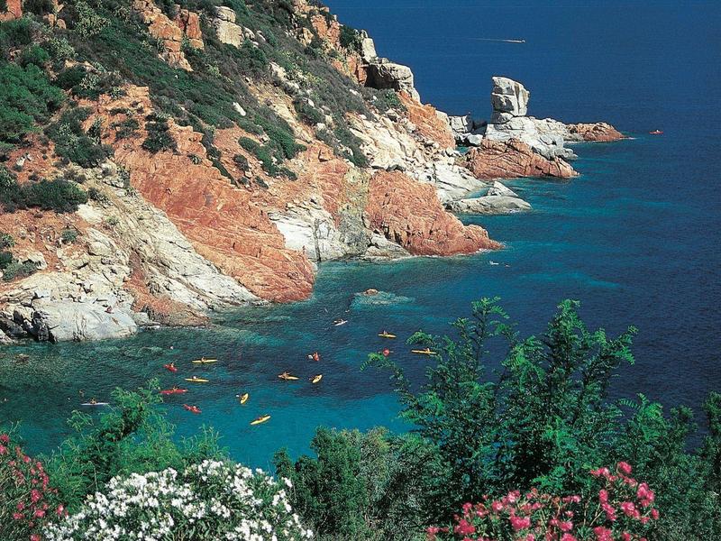 Rocky coastline with clear blue water and lush greenery, perfect for a seaside vacation.