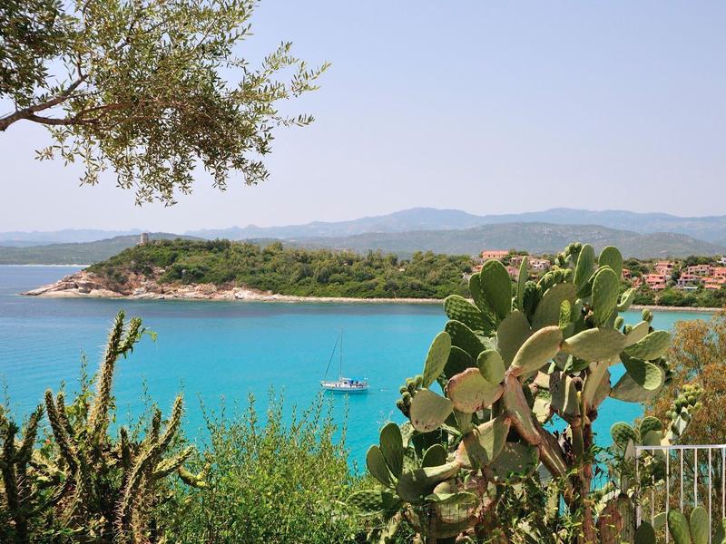 Coastal view with blue sea, green vegetation, and distant hills under clear sky.