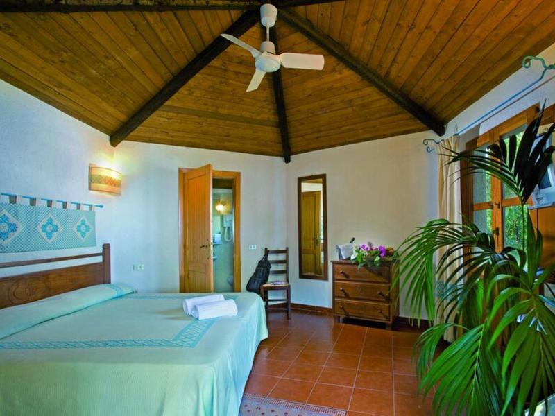 Světle zařízený hotelový pokoj s dřevěným nábytkem a tropickou rostlinou.