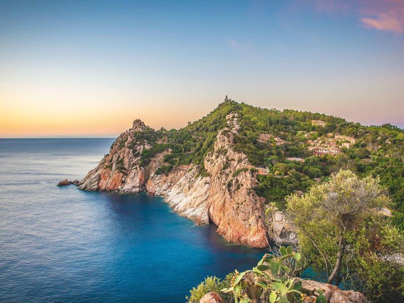 Felsige Küste mit grünen Büschen und ruhigem blauen Meer bei Sonnenuntergang.