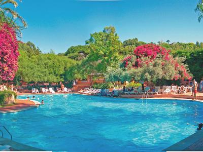 Large outdoor pool with lounge chairs and blooming trees in a hotel setting.