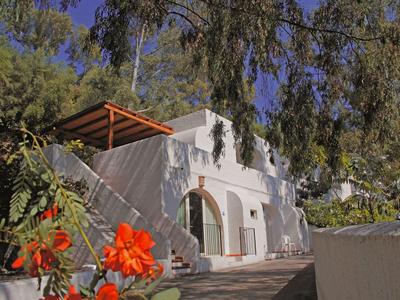 White building with curved facade and red flowers in the foreground in a sunny setting.